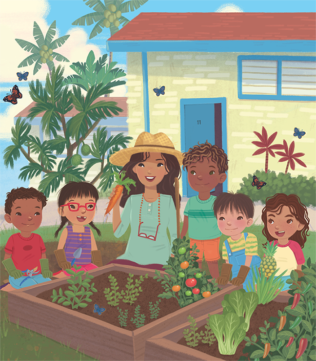Jamie Tablason Illustration teacher and students in garden picking vegetables