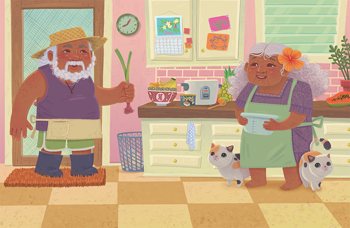 Jamie Tablason Illustration farmers in kitchen cooking