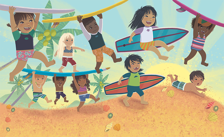 Jamie Tablason Illustration kids on beach with surf boards