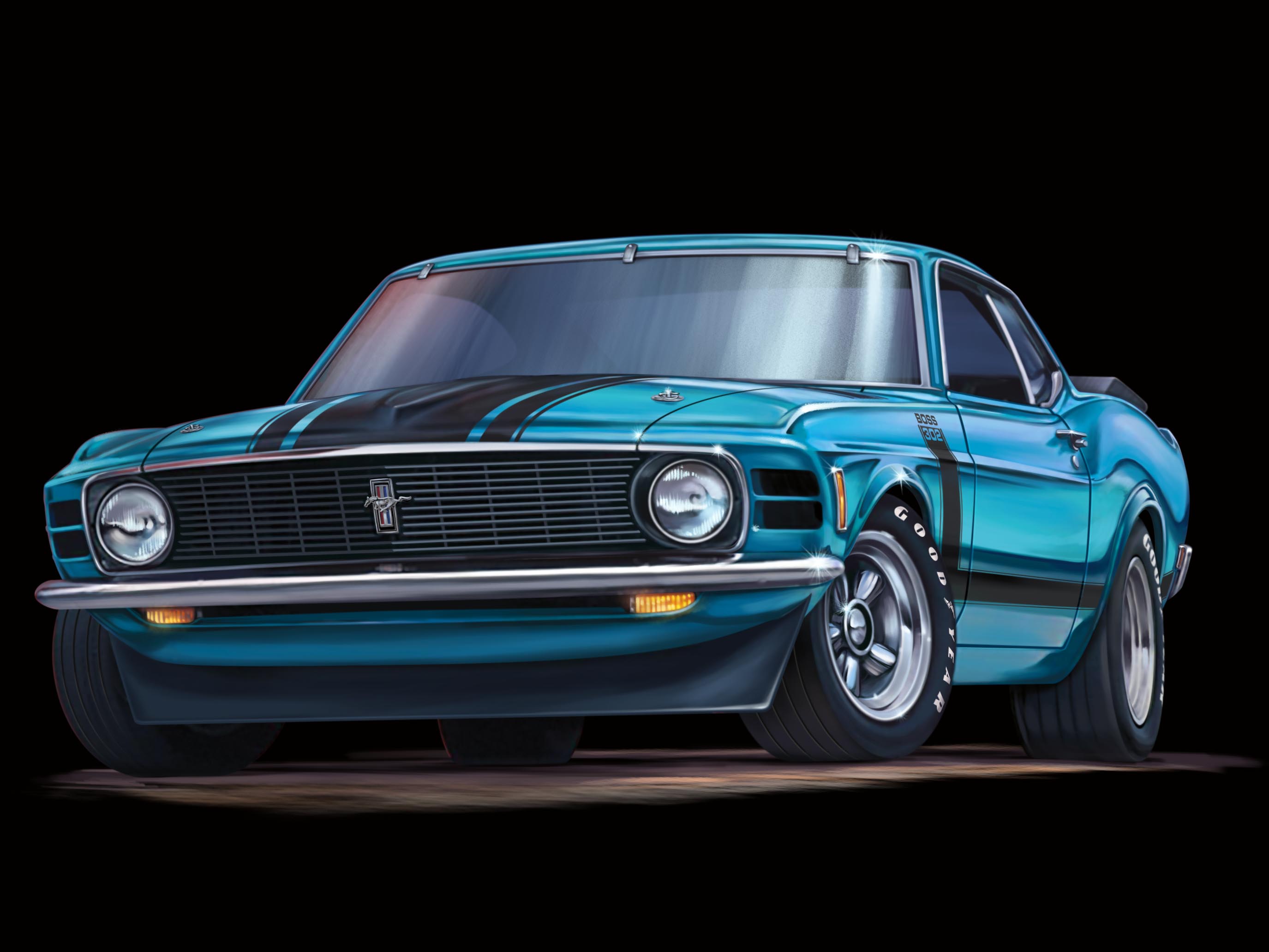 Ray Goudey Illustration Blue Boss Mustang Car 