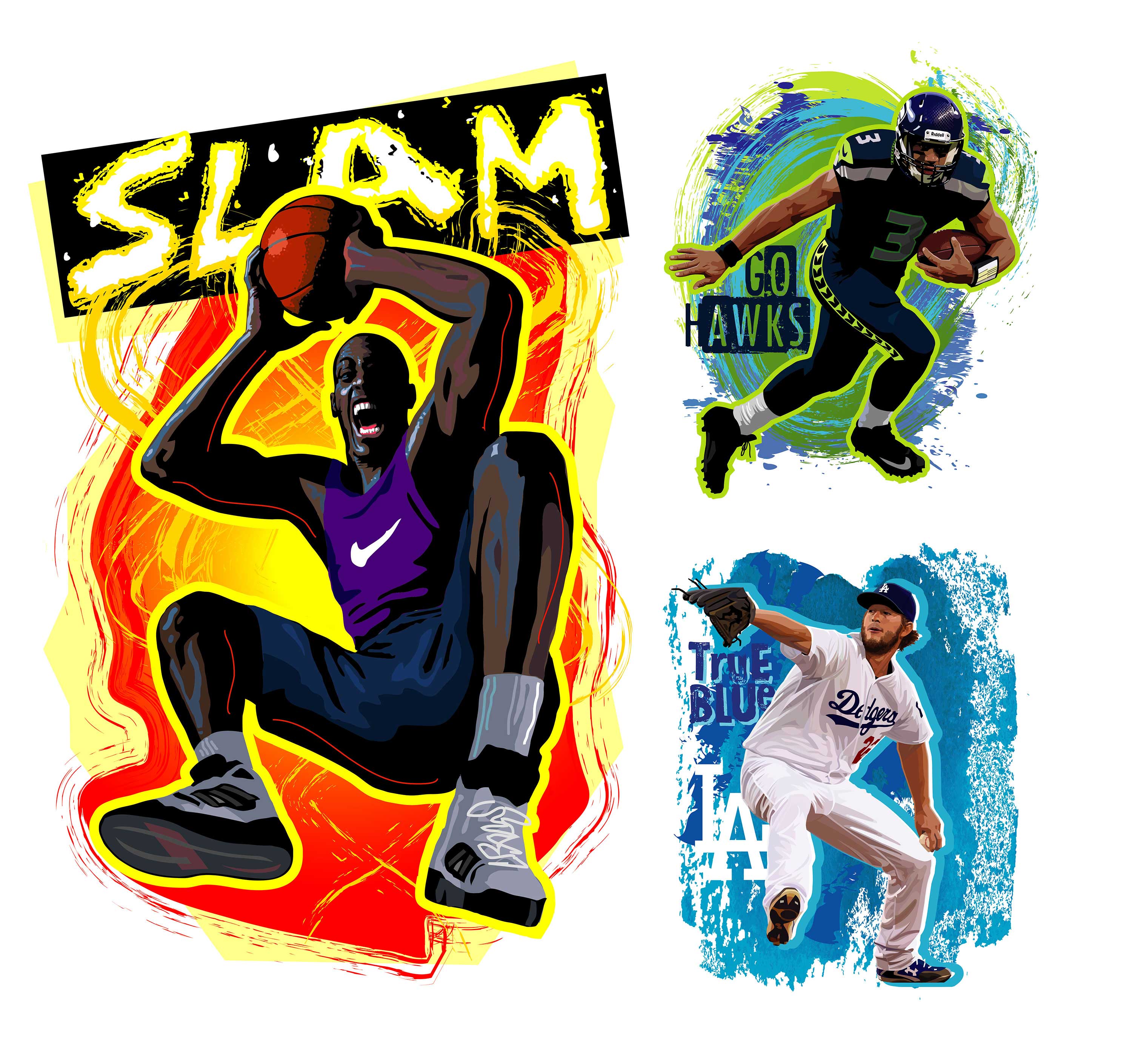 Kelly Hume Illustration sports basketball baseball football