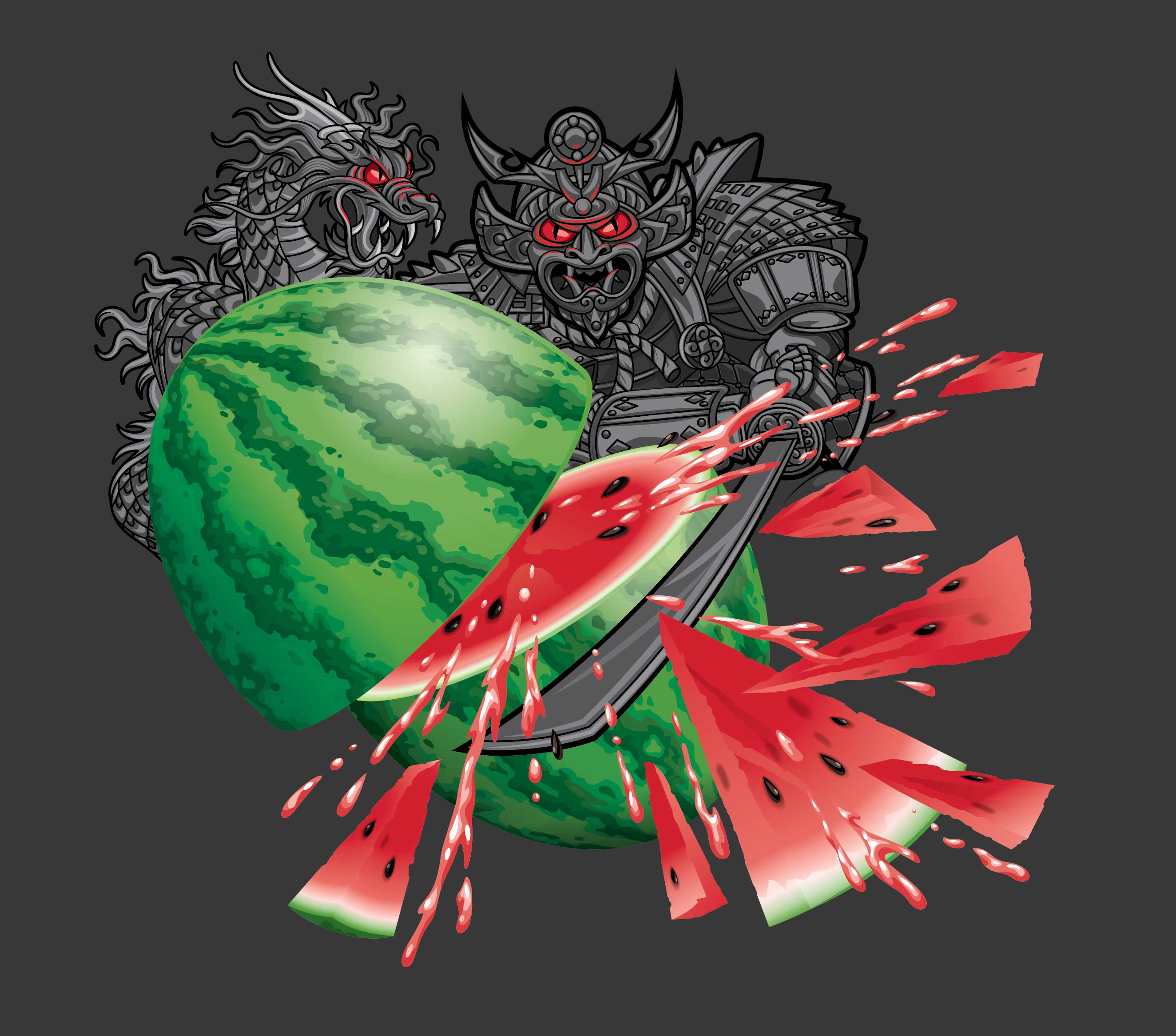 Chris Musselman Illustration Mikes Harder Watermelon Samurai Soldier and Dragon