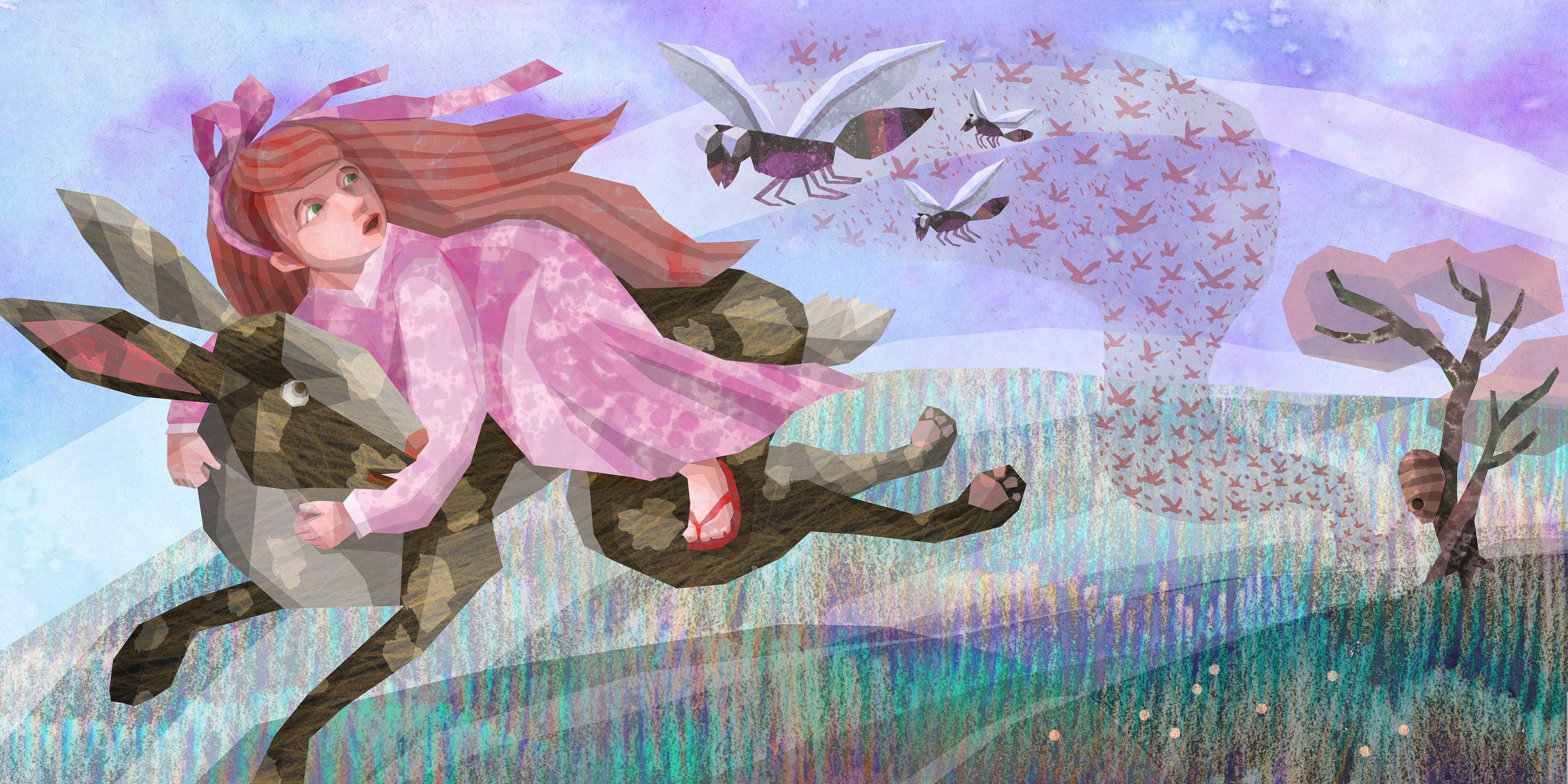 Shelly_hehenberger_running_with_rabbit_from_hornets_nest_illustration