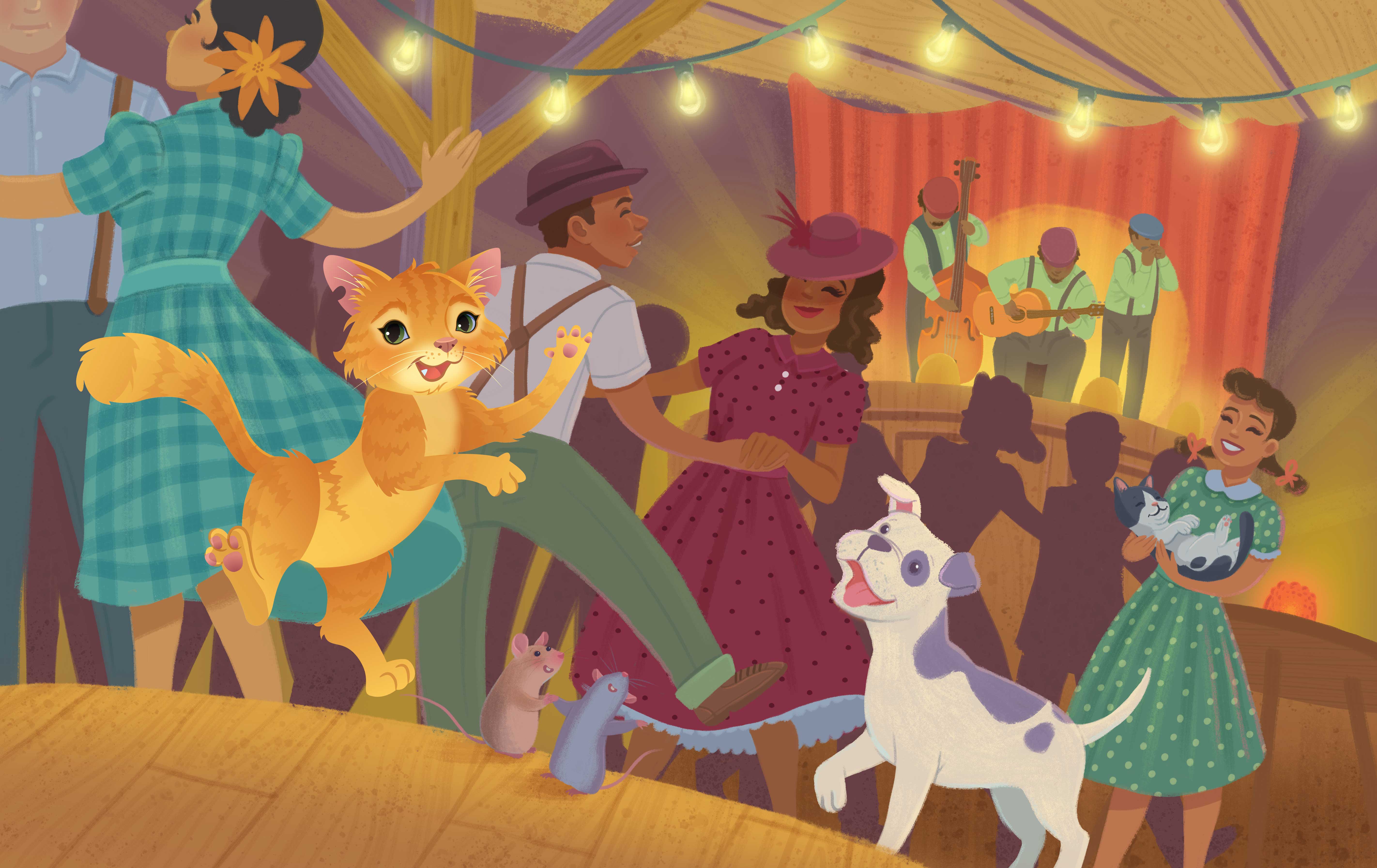 Jamie Tablason Illustration cat and dog dance