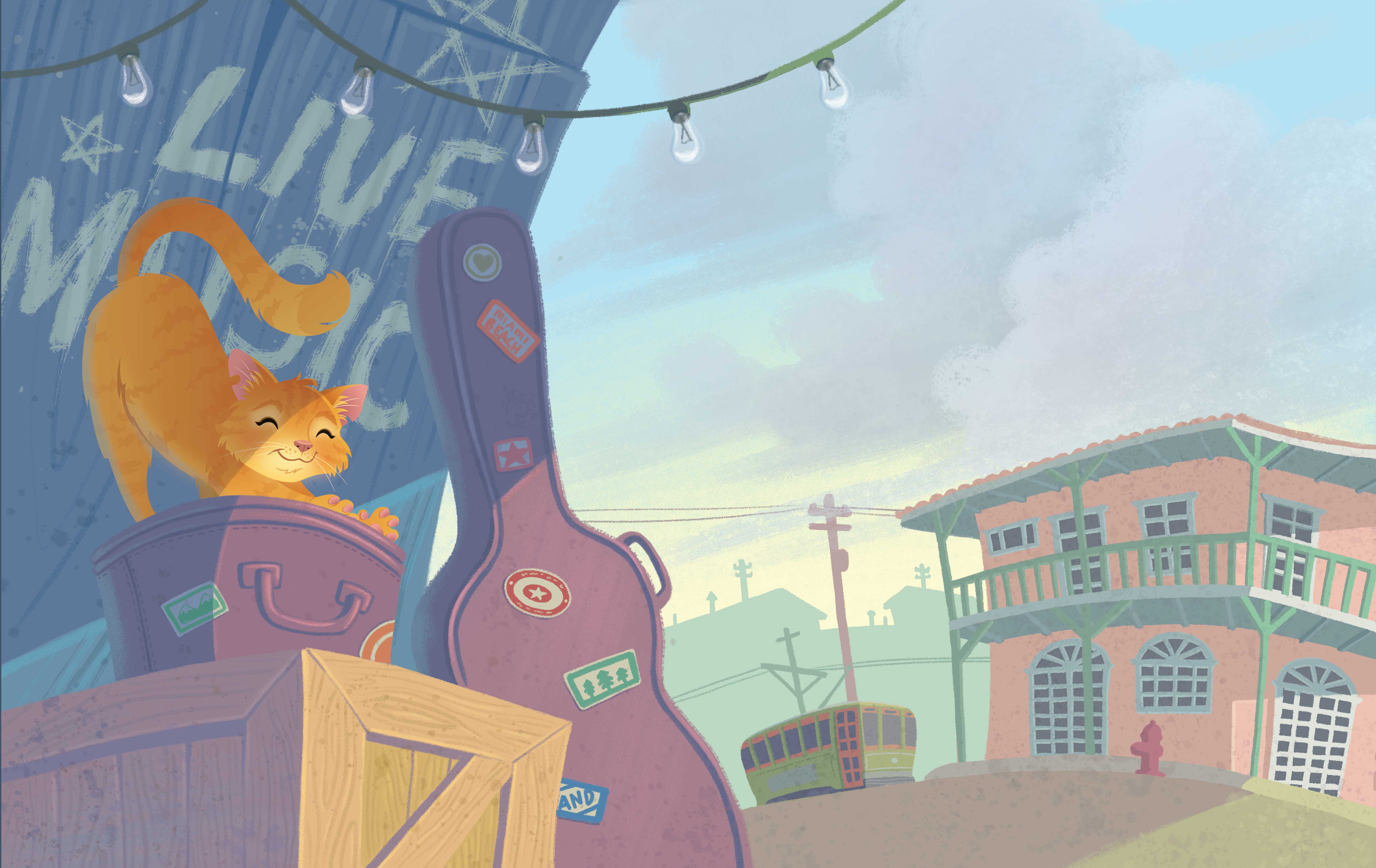 Jamie Tablason Illustration cat with guitar on street