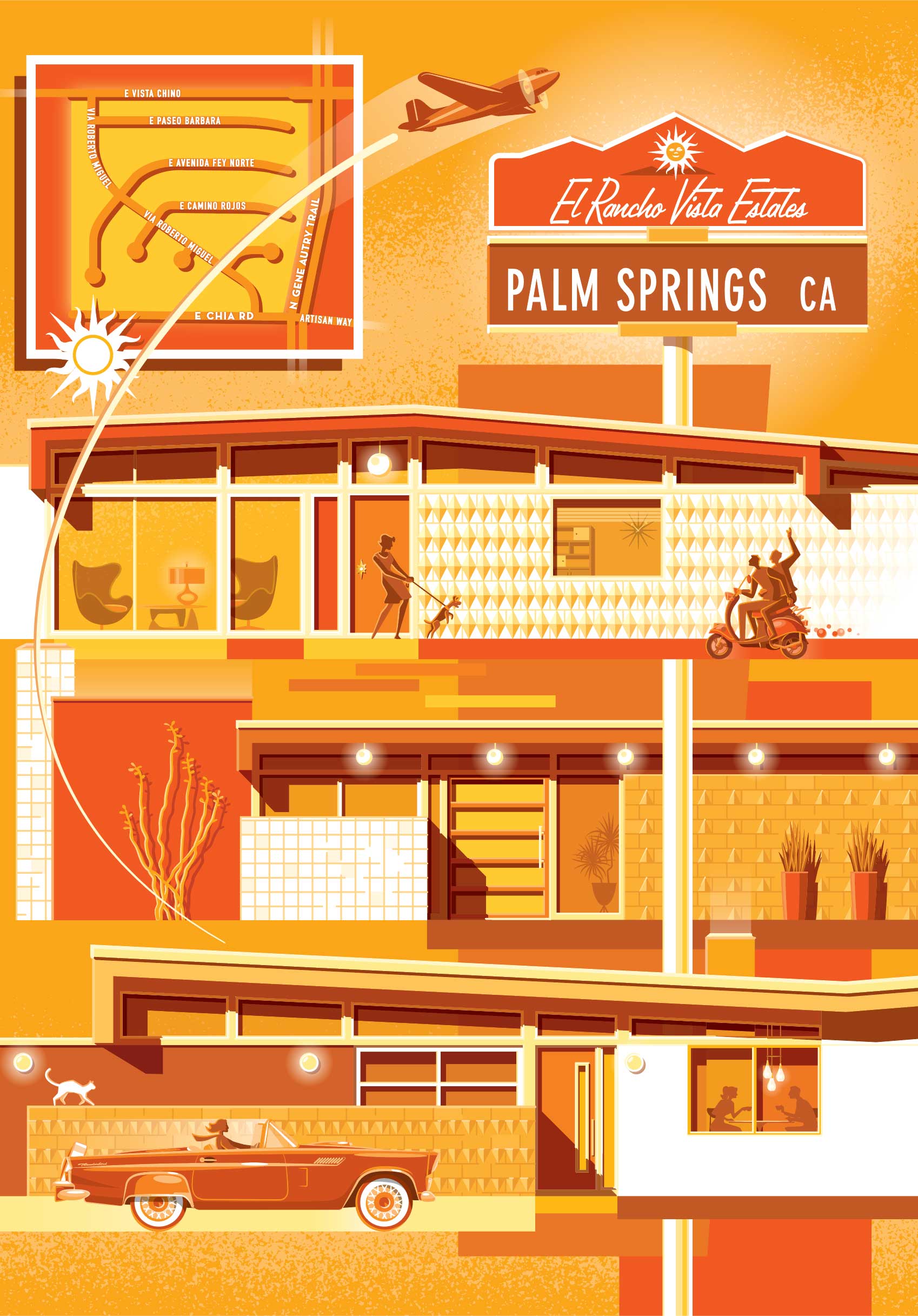 Chris Musselman Illustration Palm Springs Orange Planes Cars and Buildings