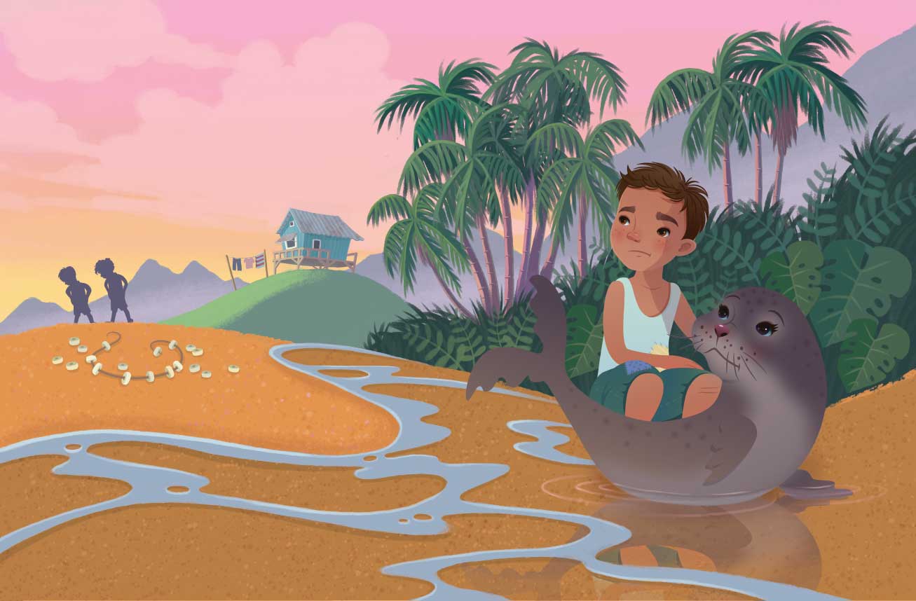 Jamie Tablason Illustration seal and boy on sand