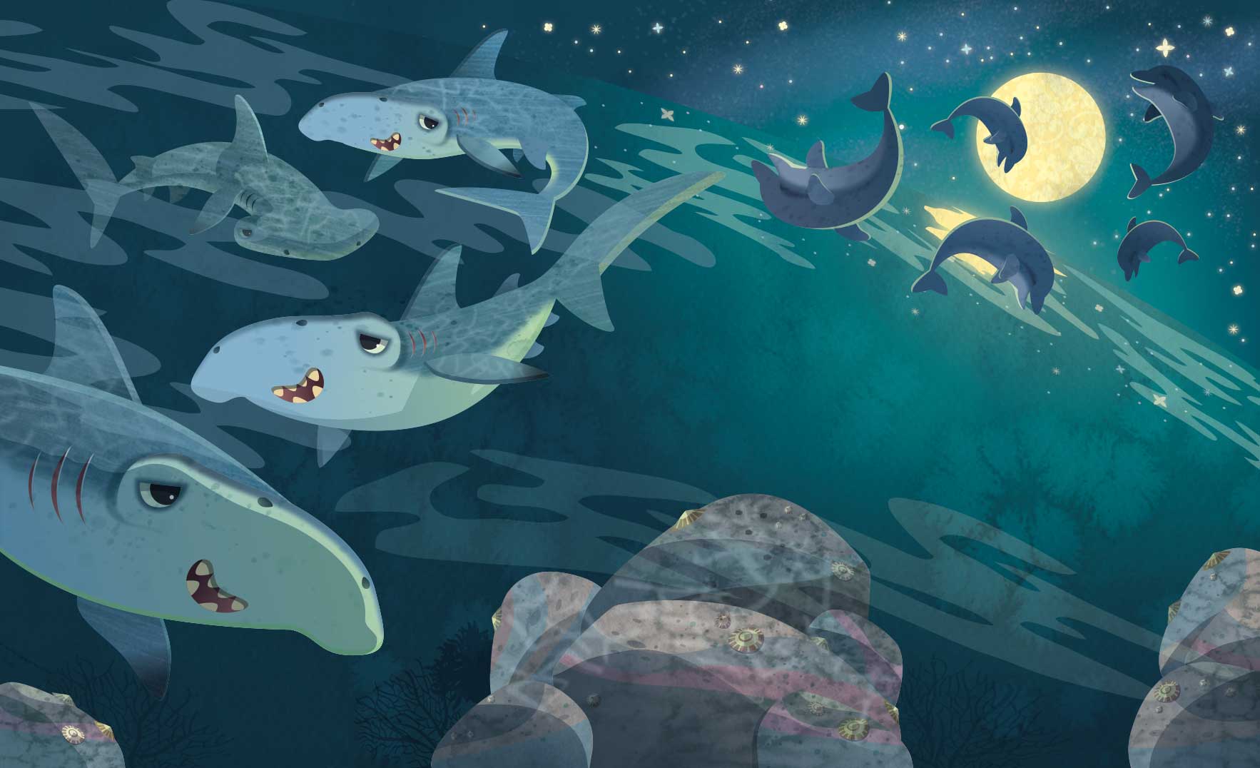 Jamie Tablason Illustration sharks in water