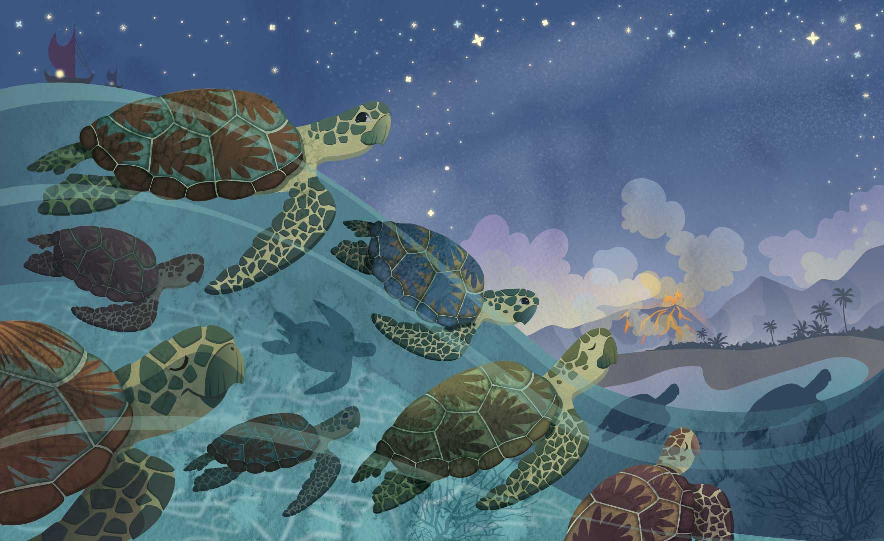 Jamie Tablason Illustration turtles in water swimming